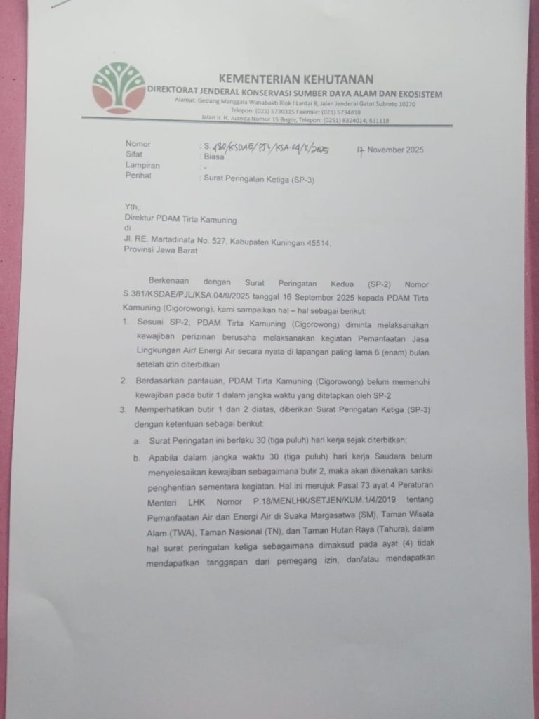 SP-3 dari Kementerian Kehutanan terkait perizinan pemanfaatan jasa lingkungan air.