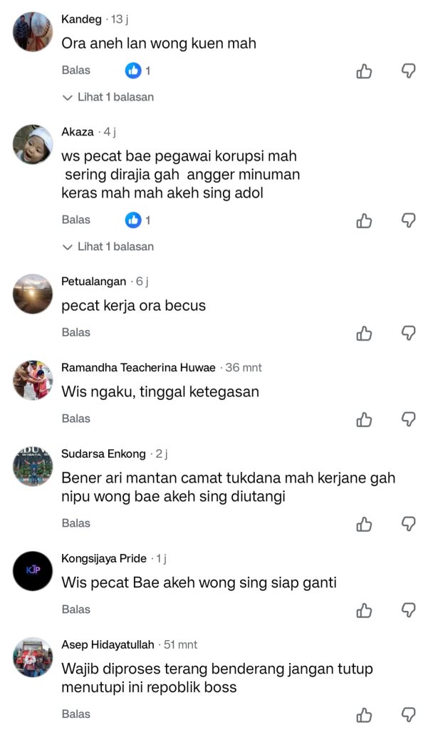 Tangkapan layar komentar warganet di media sosial yang menanggapi keputusan Asep Afandi terkait pelepasan mobil box berisi ribuan botol miras di Indramayu.