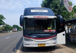 Bus Primajasa rute Bekasi Indramayu sedang menaikkan penumpang di jalur Pantura