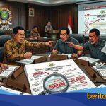 Ilustrasi rapat pansus DPRD Indramayu membahas Perda Desa Nomor 9 Tahun 2025 dengan latar dokumen perda dan catatan coretan di atas meja.