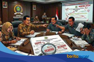 Ilustrasi rapat pansus DPRD Indramayu membahas Perda Desa Nomor 9 Tahun 2025 dengan latar dokumen perda dan catatan coretan di atas meja.